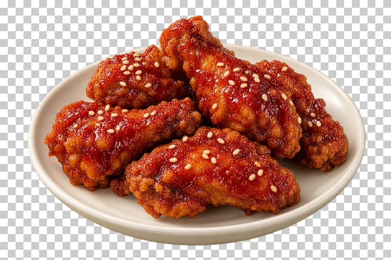 Bone-in yangnyeom fried chicken wings and drumettes with craggy crust, red glaze and sesame on an ivory plate.
