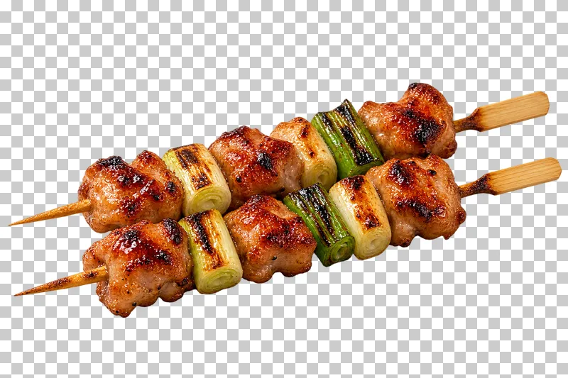 Two wooden dak-kkochi skewers threaded with grilled chicken and thick scallion pieces.