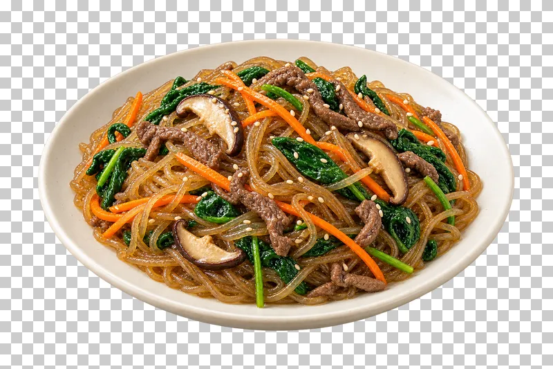 Japchae glass noodles with spinach, carrot, mushrooms and thin beef strips on a low ivory plate.
