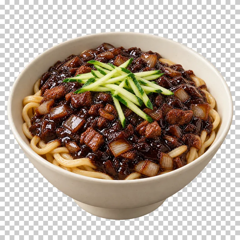Jjajangmyeon wheat noodles under black-bean sauce with diced onion and pork, topped with cucumber in an ivory bowl.