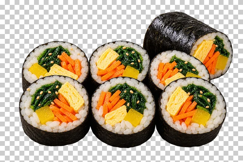 Six vegetable-and-egg gimbap slices and one short uncut roll end with visible rice, seaweed, spinach, carrot and pickled radish.