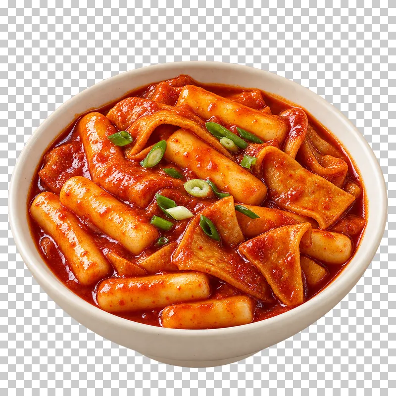 Cylindrical tteokbokki rice cakes and folded fish cake in thick red sauce in a shallow ivory bowl.