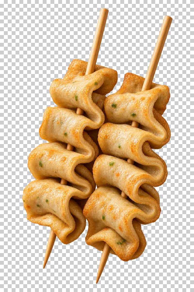 Two wooden eomuk skewers threaded through folded beige fish-cake ribbons.