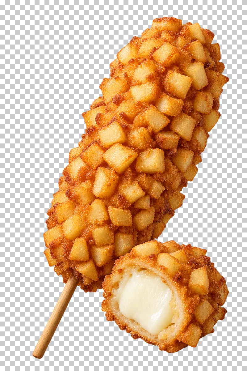 A potato-cube-crusted Korean cheese corn dog on a wooden stick with a close cut piece showing its mozzarella center.