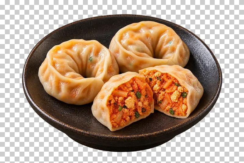 Two whole ring-folded kimchi mandu and two cut halves revealing kimchi, tofu and pork on a dark plate.