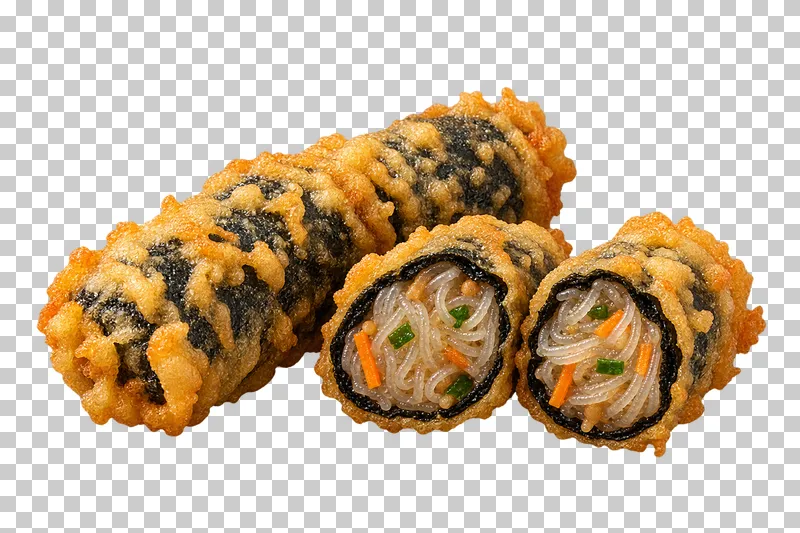 Two whole gimmari fritters and two cut halves with crisp batter, a dark seaweed ring and glass-noodle centers.