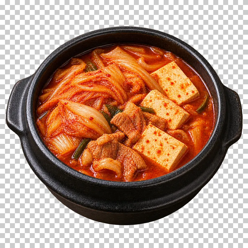 Kimchi-jjigae with napa kimchi, pork and rectangular firm tofu pieces in red broth in a black earthenware pot.
