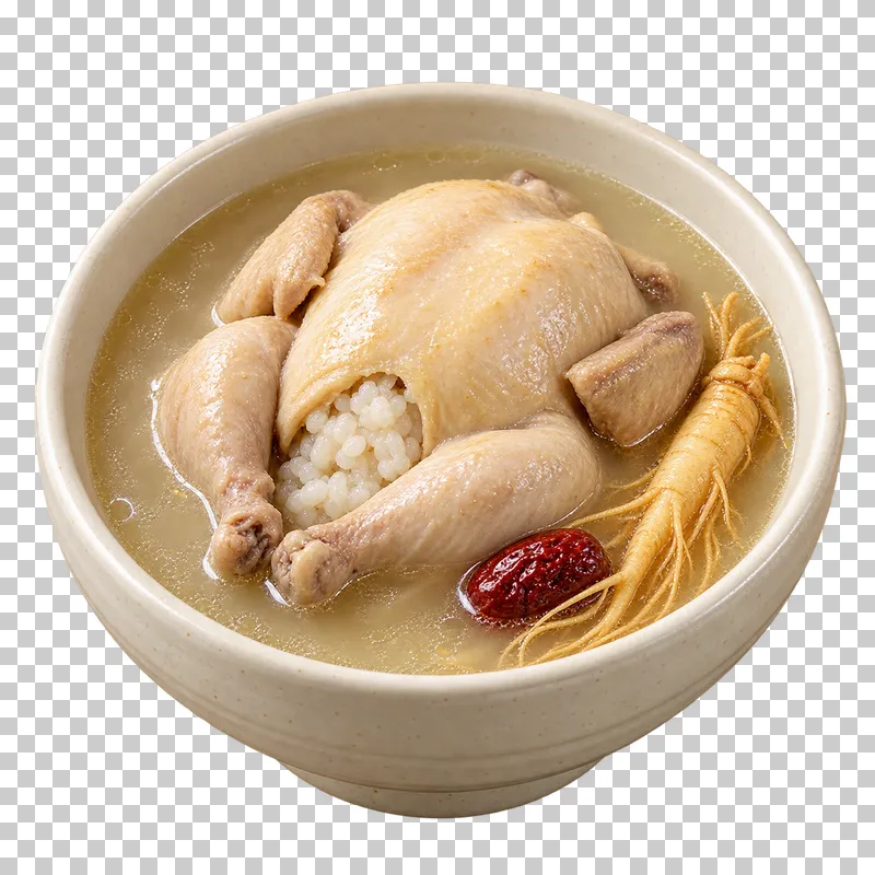 A whole cooked samgyetang chicken with visible rice, ginseng and jujube in pale broth in a deep ivory bowl.