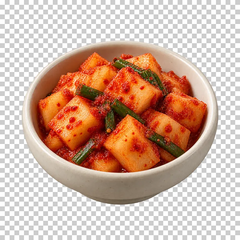 Kkakdugi radish-kimchi cubes with red chili seasoning and scallion in a small ivory bowl.