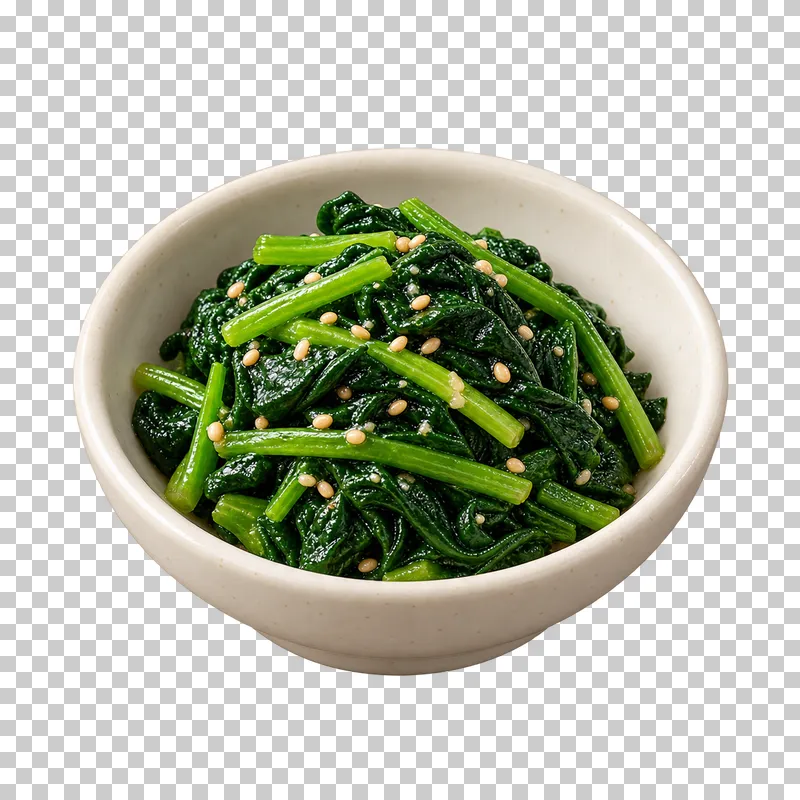 Sigeumchi-namul cooked spinach leaves and green stems with sesame in a small ivory bowl.