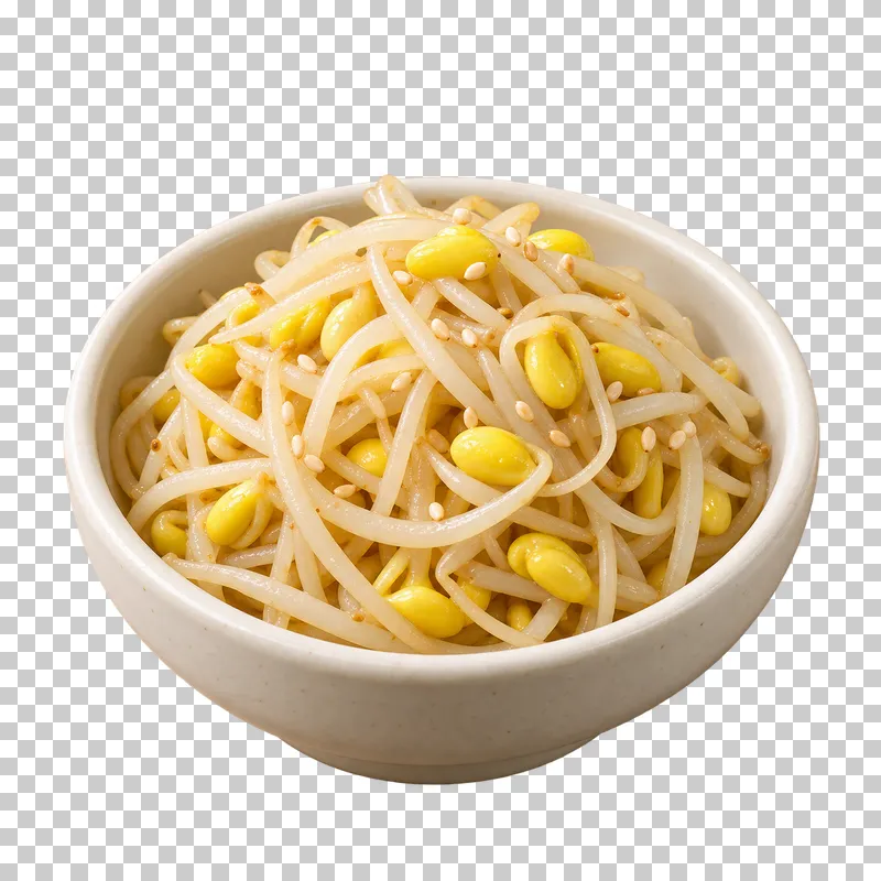 Kongnamul seasoned soybean sprouts with yellow heads and pale curved stems in a small ivory bowl.