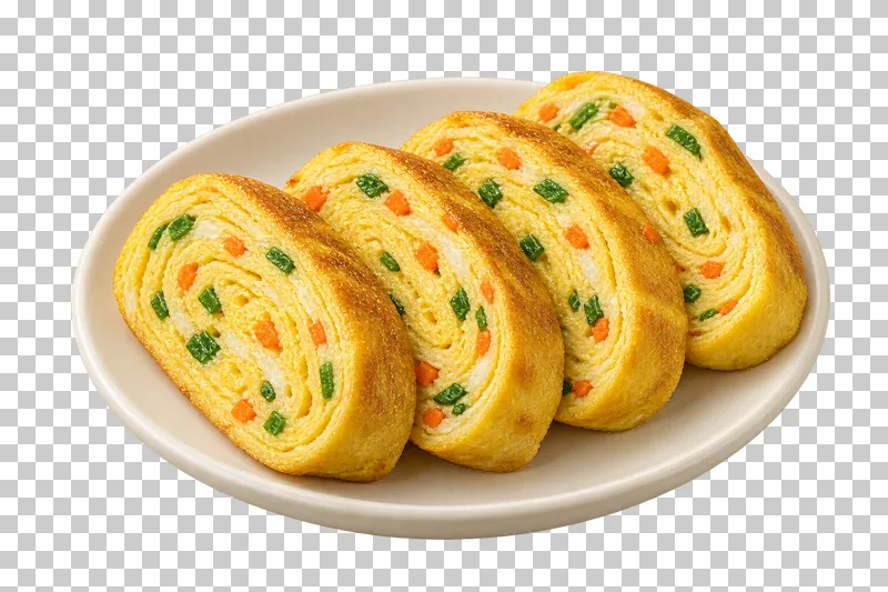 Four thick gyeran-mari rolled-omelet slices with nested egg layers, carrot and scallion on a small ivory plate.