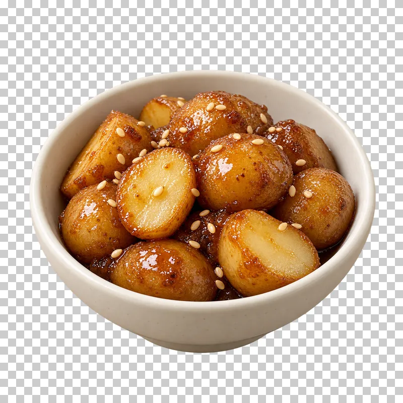 Whole and halved gamja-jorim potatoes with brown soy glaze and sesame in a small ivory bowl.