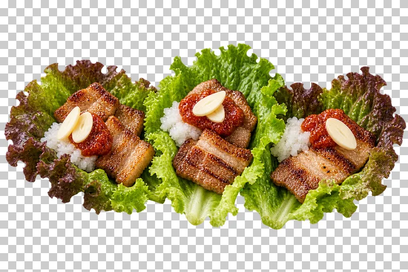 Three open Korean barbecue lettuce wraps with grilled pork belly, white rice, ssamjang and sliced garlic.