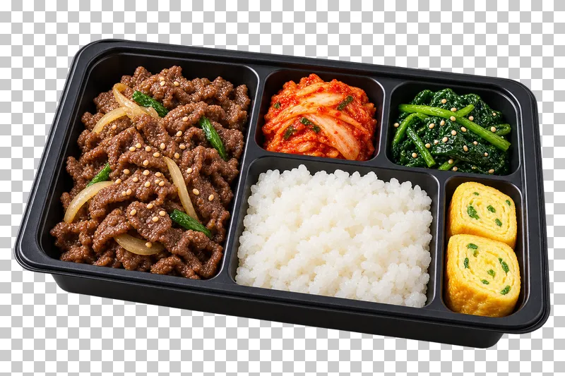 A complete black dosirak lunch tray with separate bulgogi, rice, kimchi, spinach and two rolled-omelet slices.