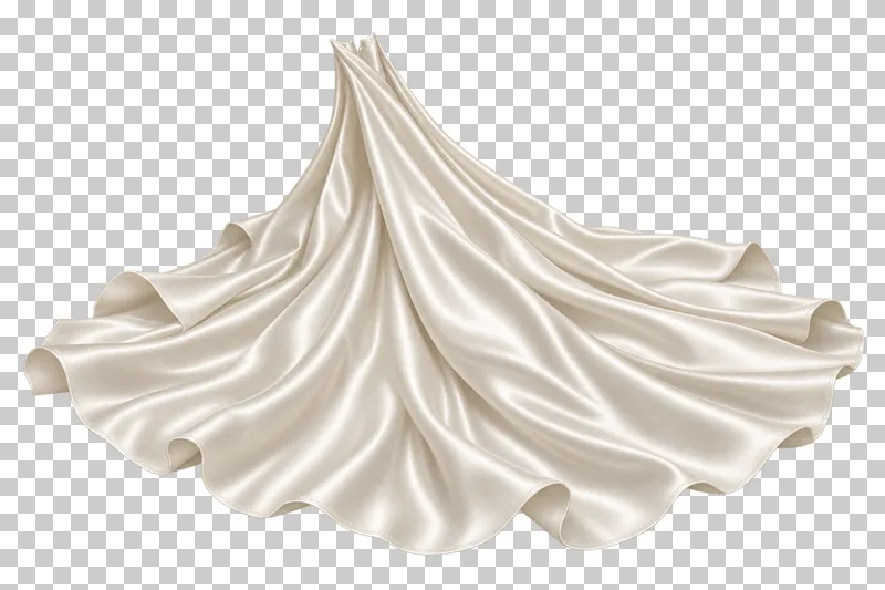 Ivory satin floor-pooled semicircular train, isolated with complete hems and transparent surroundings.