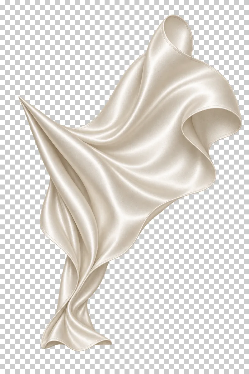 Ivory satin upswept fishtail train, isolated with complete hems and transparent surroundings.