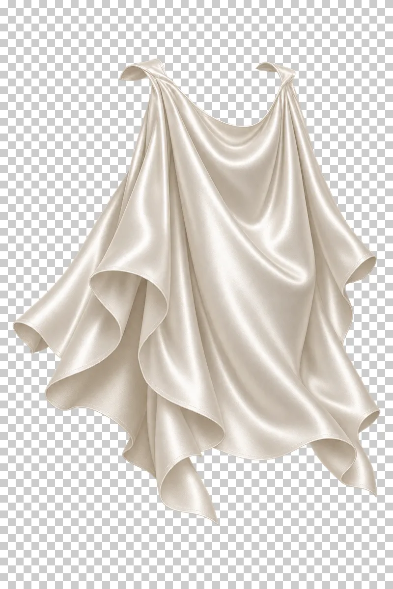 Ivory satin two-point cape fall, isolated with complete hems and transparent surroundings.