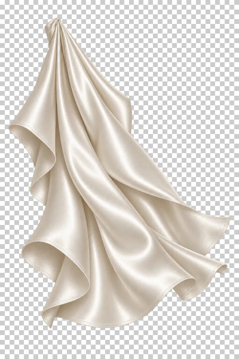 Ivory satin single-gather waterfall extension, isolated with complete hems and transparent surroundings.