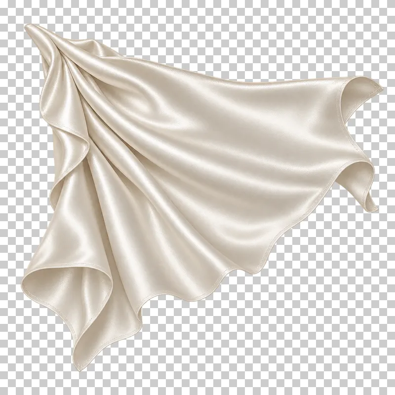 Ivory satin corner-spread flat-lay cloth, isolated with complete hems and transparent surroundings.
