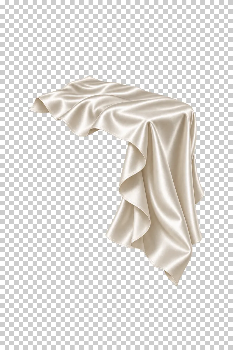 Ivory satin table-edge cloth cascade, isolated with complete hems and transparent surroundings.
