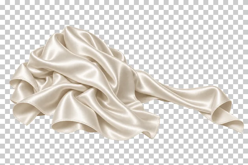 Ivory satin drawn-aside cover pile, isolated with complete hems and transparent surroundings.