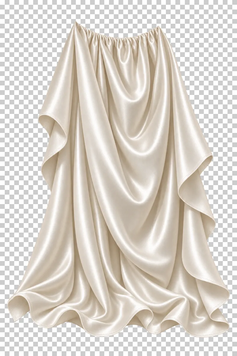 Ivory satin full-height gathered cloth screen, isolated with complete hems and transparent surroundings.