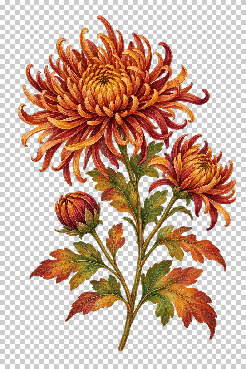 Watercolor-style bronze spider chrysanthemum spray with a large curled bloom, smaller bloom and bud.