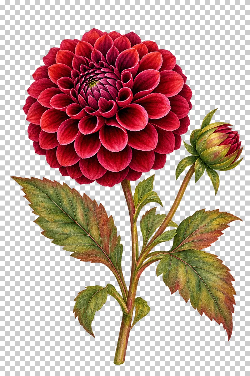 Watercolor-style burgundy ball dahlia on a stem with a side bud and serrated autumn leaves.