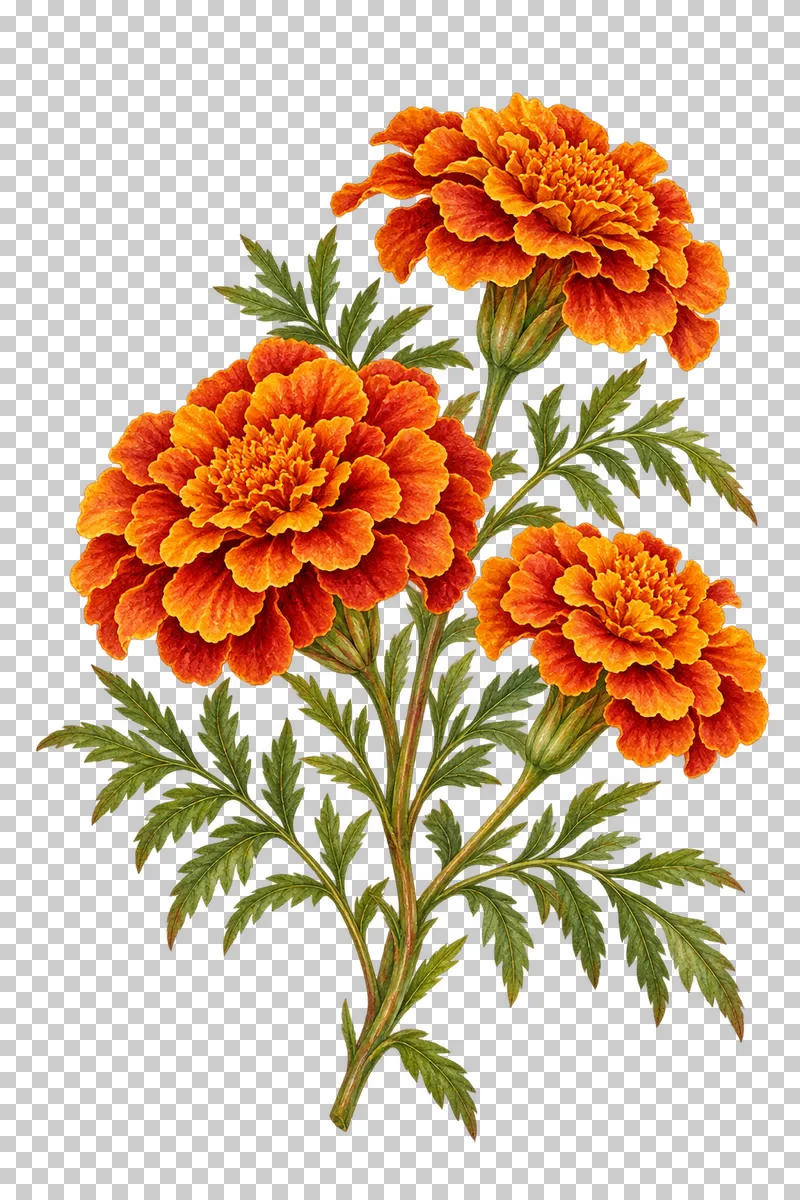 Watercolor-style branch with three ruffled orange French marigolds and finely divided leaves.