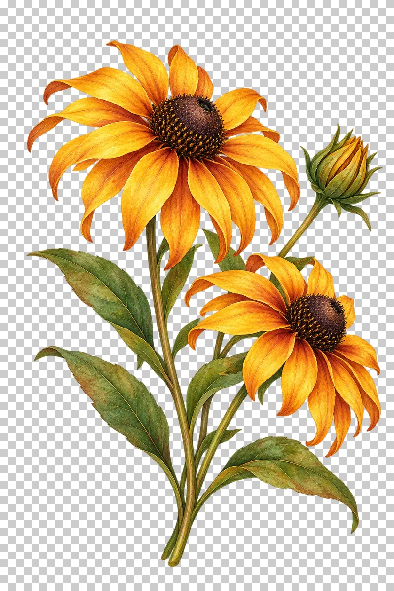 Watercolor-style golden Black-eyed Susan flowers with raised dark cones and a closed bud.