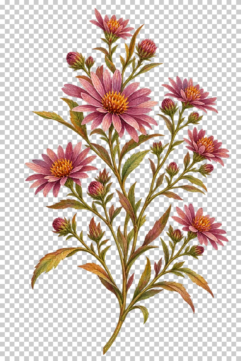 Watercolor-style branching mauve asters with yellow disks, side buds and fine leaves.