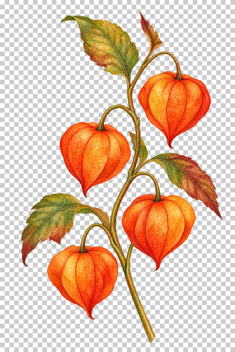 Watercolor-style curved Physalis stem with four orange papery Chinese lantern calyces.