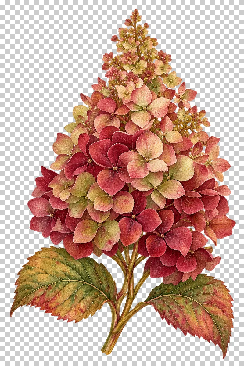 Watercolor-style tapered antique-rose and olive hydrangea panicle with broad veined leaves.