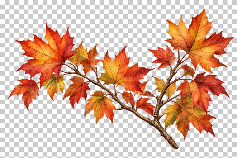 Watercolor-style forked woody maple branch with copper and ochre lobed autumn leaves.