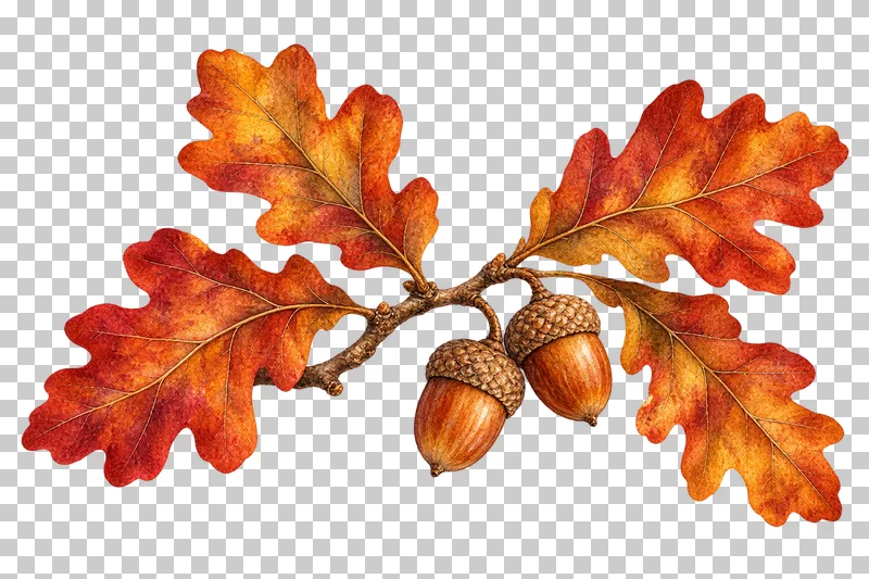 Watercolor-style bent oak twig with four russet leaves and two acorns in textured caps.