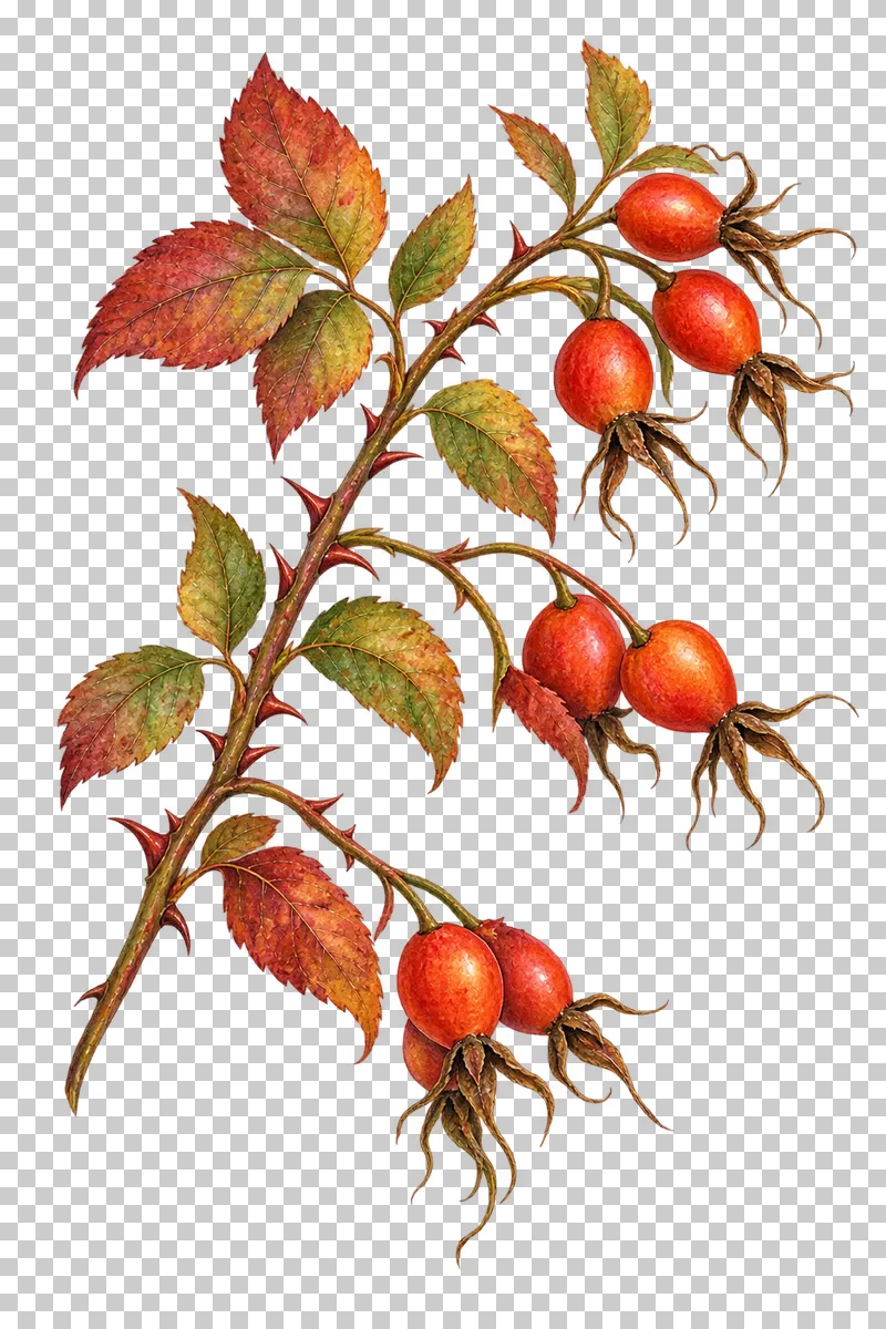 Watercolor-style arching thorned rosehip branch with orange-red hips and dried sepals.