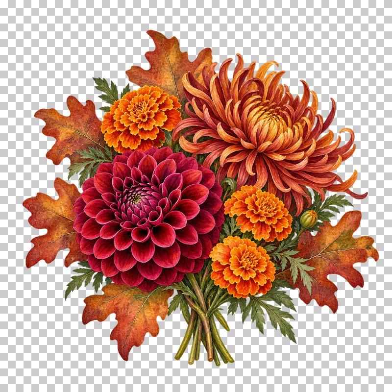 Watercolor-style compact posy of burgundy dahlia, bronze chrysanthemum, orange marigolds and oak leaves.