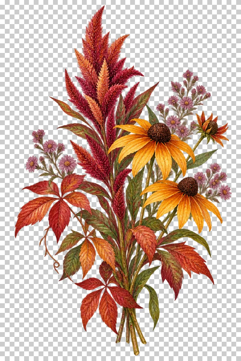 Watercolor-style airy tall bouquet of celosia, rudbeckia, mauve asters and Virginia creeper.