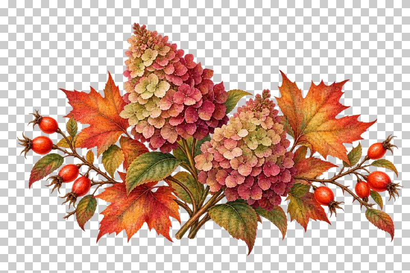 Watercolor-style low fan of two tapered hydrangea panicles, rosehips and copper maple leaves.