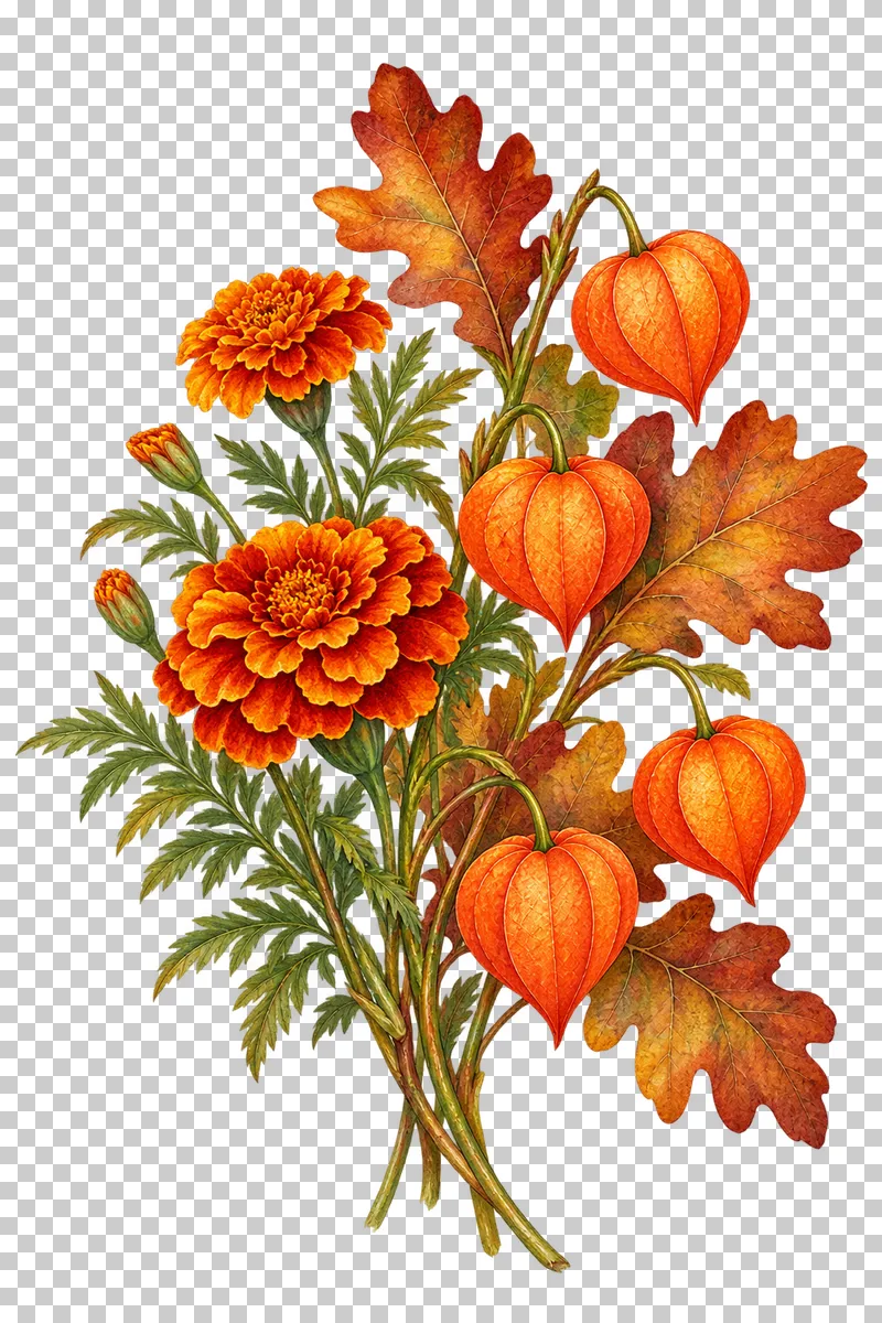 Watercolor-style upright gathered spray of orange Chinese lanterns, French marigolds and oak.