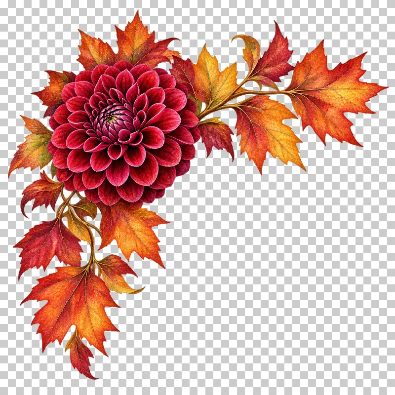 Watercolor-style upper-left corner of burgundy dahlia and unequal copper maple branches.