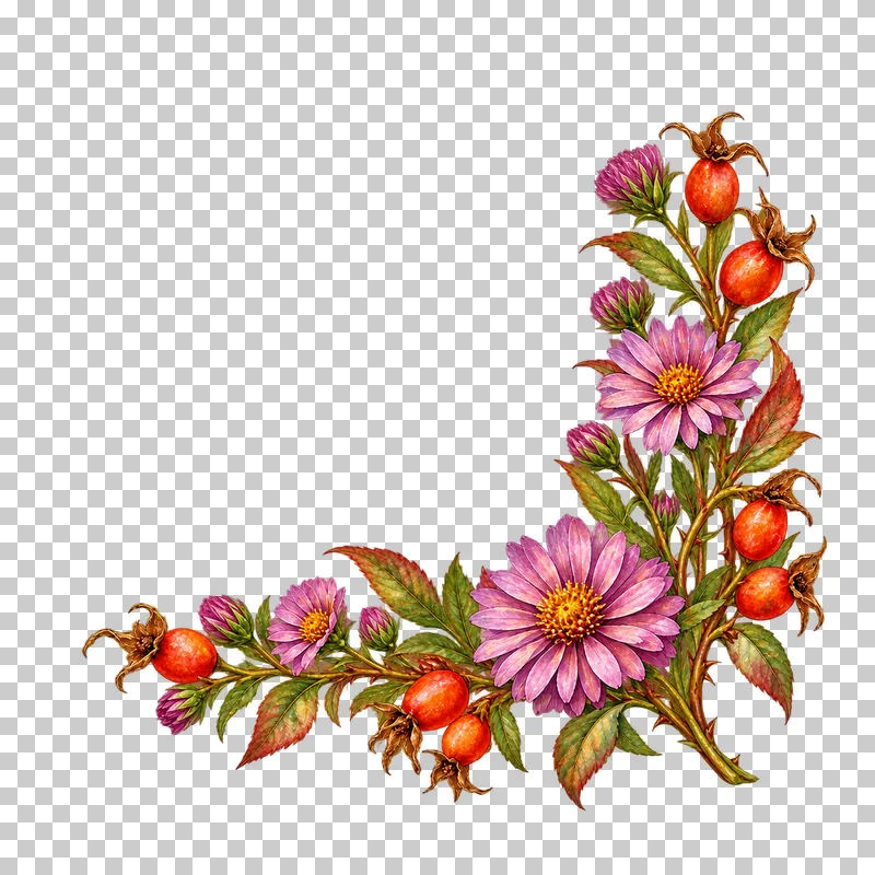 Watercolor-style lower-right corner of small mauve asters, orange-red rosehips and autumn leaves.