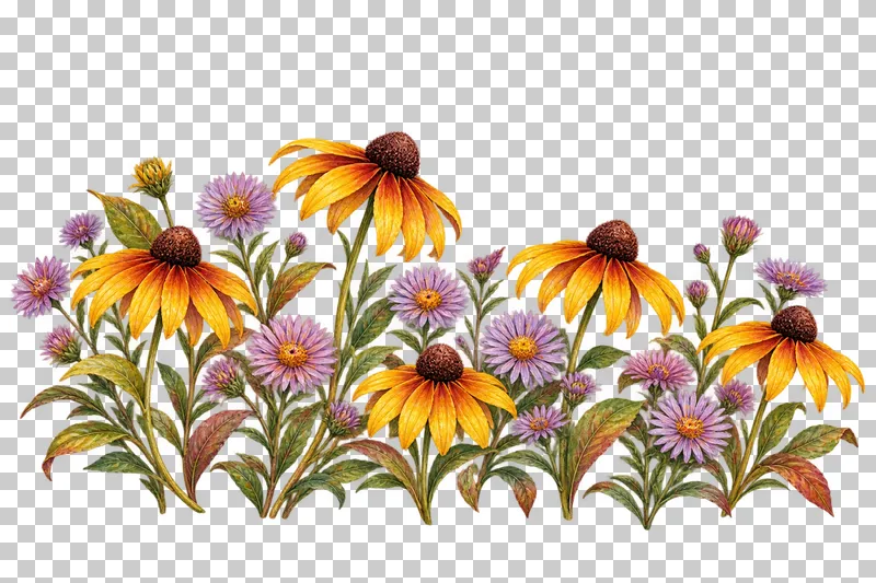 Watercolor-style footer of uneven rising golden rudbeckia and mauve aster stems with open gaps.
