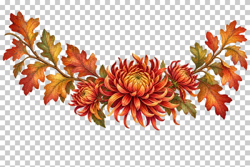 Watercolor-style shallow bowed oak header with bronze long-rayed chrysanthemums at the center.