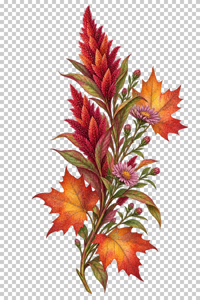Watercolor-style slender celosia and maple side border with small mauve aster accents.