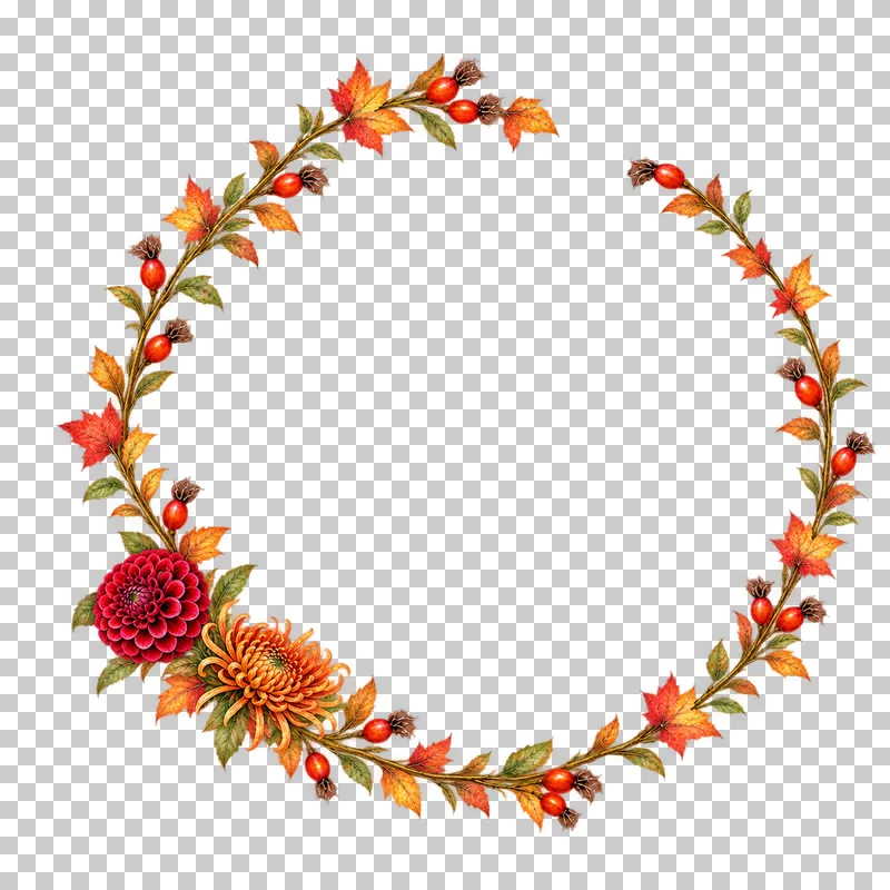 Open watercolor-style circular maple and rosehip wreath with small dahlia and bronze chrysanthemum blooms.