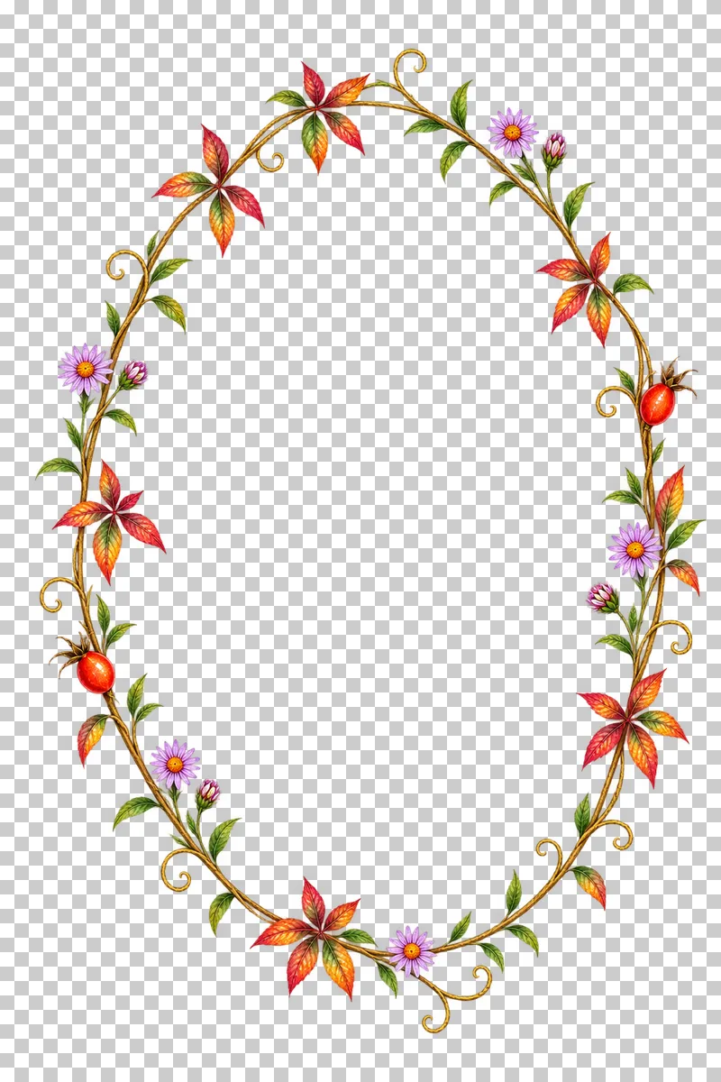 Watercolor-style tall oval Virginia creeper wreath with small mauve asters and two rosehip accents.