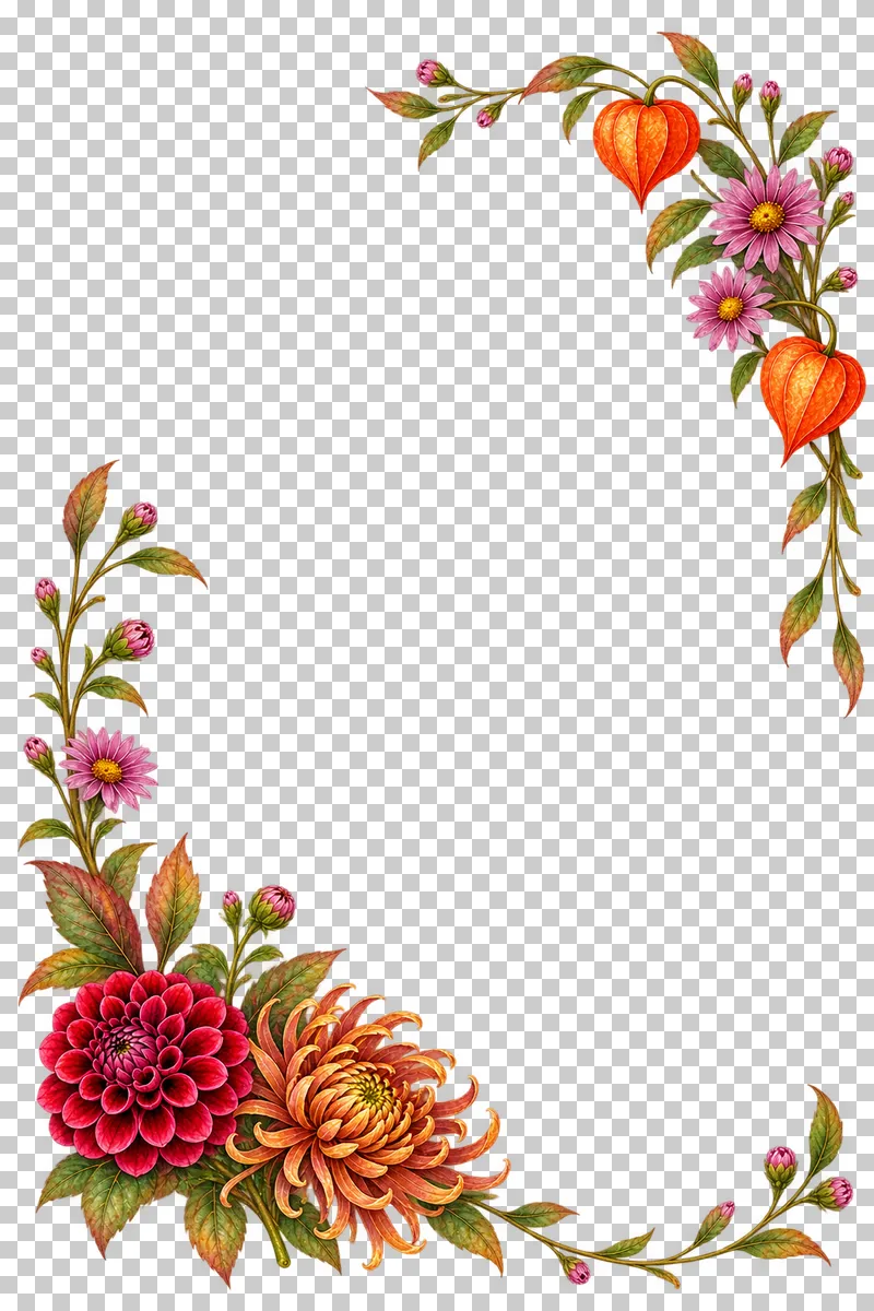 Watercolor-style invitation frame with lower-left dahlia and chrysanthemum and upper-right lanterns and asters.