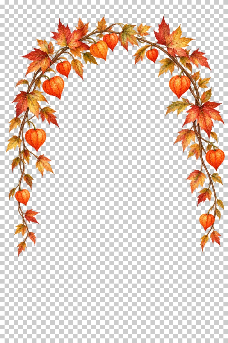 Watercolor-style maple and orange Chinese lantern arch with unequal sides and a fully open base.